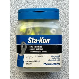 Thomas & Betts New Box of 50 Thomas Betts Sta-Kon 12-10 AWG #8 Ring Terminal Connector RC10-8X