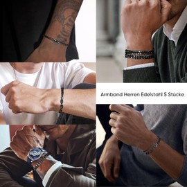 Men's Bracelet Silver Stainless Steel 5 Pieces – Men's Bracelets Curb Chain Figaro Link Bracelet Men's Bracelet Set for Boys Men Gift for Dad Son Brother Husband 19/21/23 cm, Stainless Steel, No