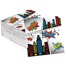 Grencian 100 Pcs Super Theme Hero Square Napkins Disposable White Comic Hero Paper Napkins Hero's Action Sign Cityscape Cocktail Napkin for Kids Baby Shower Spider Party Decorations Supplies