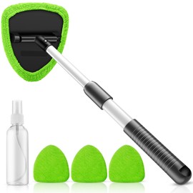YAKATOTUO Windshield Cleaning Tool, Extendable Handle Car Window Cleaner with 4 Reusable and Washable Microfiber Pads, Auto Glass Wiper Kit for Interior & Exterior, Ideal for Dirty Car Windows Green