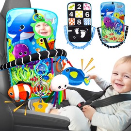 Baby Car Seat Ocean Animals Toys - Kick and Play Double Sided Infant Car Seat Toys with Plush Toys, Mirror, Teether for Baby Travel Activities, Christmas Birthday Gifts Newborn Infant Toy