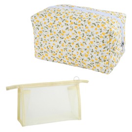 2 Stück Gesteppte Kosmetiktasche mit Blumenmuster (Gelb) aus Weichem Baumwollmaterial & Netz Schminktasche (Beige), Make-up Organizer für Damen, Tragbare Kulturbeutel für Reisen und Alltag