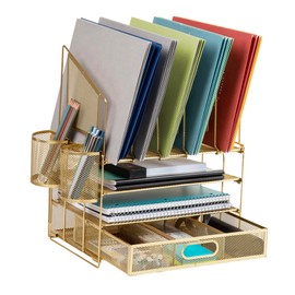 Office Depot® Brand Mesh Desk Organizer With Vertical Storage And Pen Holders, 16" H x 12-3/4"W x 9-1/2"D, Gold