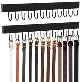 HOMEBROS Belt Hanger Wall Mount, Wooden Closet Belt Organizer with 24 Metal Hooks, Large Capacity, Black, 2 Pcs