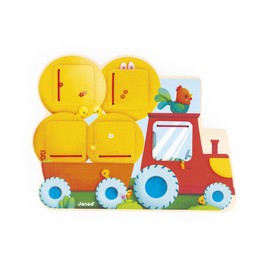 Janod - Wooden Tractor Hide and Seek Puzzle - 5 Doors to Open - Develops Fine Motor Skills - Developmental Toy for Children - From 12 months - J07128