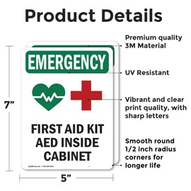 (2 Pack) First Aid Kit AED With Symbol OSHA Emergency Sign 5 Inch X 7 Inch Vinyl Label Decal Sticker Weather Resistant, UV Protected for Workplace, Business, and Construction Site, Made in the USA