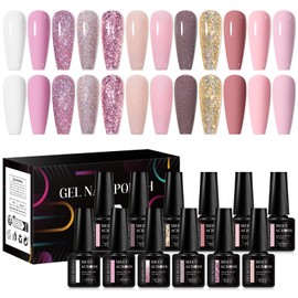 MEET ACROSS Pink Gel Nail Polish Set 12 Colors, Spring Light Pink Barely Pink Gel Polish Glitter Pink Nude Brown Gold Nail Art Design at Home DIY Manicure Kit Gifts for Women