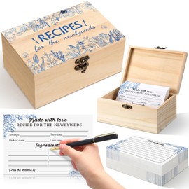 Beeveer 60Pcs Recipe Cards for Bridal Shower Decorations Bridal Shower Games Wedding Party Favors Wooden Box With Recipe Cards Box for Newlyweds Wedding Engagement Party(Blue Floral)