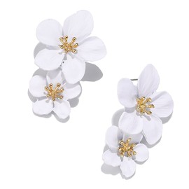 Bohemian Long Double Daisy Flower Drop Dangle Earrings Matte Floral Petal Layered Tiered for Women Summer Wedding Jewelry-White