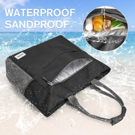 G4Free Beach Bag, Waterproof Sandproof Beach Tote Bag, Large Capacity Foldable Beach Bags for Women, Black