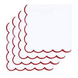 PurpleEssences Scalloped Embroidery Cloth Napkins - Spring Easter Summer - Table Decor - 100% Cotton - Set of 4-18x18 inch - White - Edges - Red