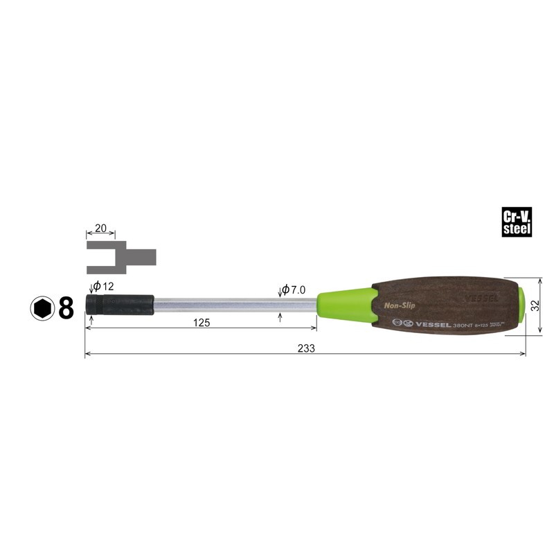 VESSEL B-380NT Woody Nut Driver Non-slip Grip for Hex Bolts