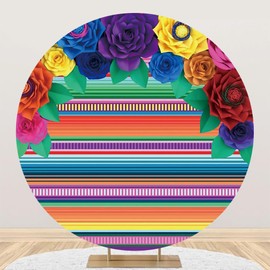 AOFOTO 6.5x6.5ft Mexican Fiesta Theme Round Backdrop Colorful Stripes Paper Flower Cinco De Mayo Carnival Mexican Festival Party Decor Photography Background Photo Studio Booth Props Supplies
