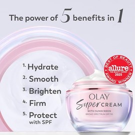 Olay Super Cream with Sunscreen SPF 30, Lightweight Face Moisturizer with Sun Protection, 5-in-1 Skin Care Benefits - Hydrating, Brightening, Firming 
