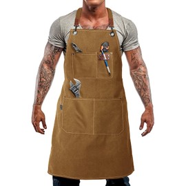 Carrotez Durable Goods - Heavy Duty Canvas Work Apron [2nd Generation], Barber apron, Cotton Canvas Cross Back Adjustable Apron with Pockets, Adjustable Strap and Large Pockets,M-XXL- Cappuccino Brown