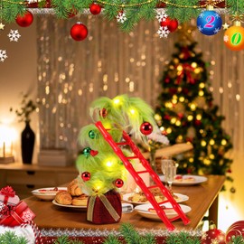 Seenelling Christmas Tabletop Decoration 13 Inch Christmas Table Centerpiece with LED Light Xmas Green Furry Decor Red Green Heart Ball Mini Ladder for Holiday Party Decor Home Gifts