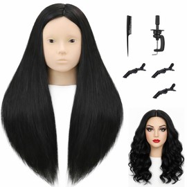 Cabeza de Maniquí Profesional para Práctica de Peluquería, Cabello Natural 75%, con Soporte de Mesa, Peine y Clips, Kit de Entrenamiento para Estilistas (Negro)