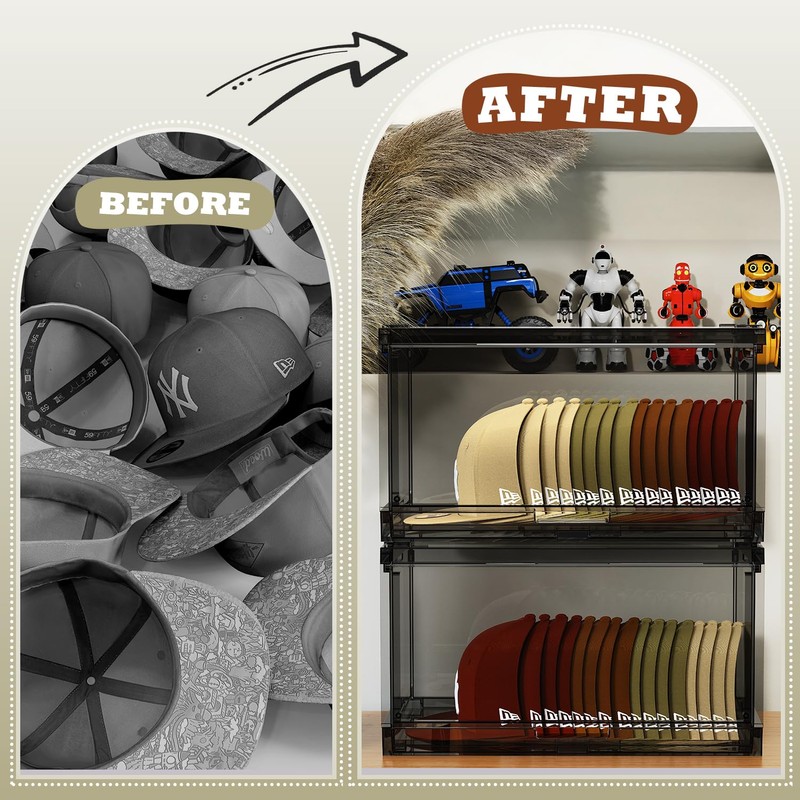 SCAVATA 2 Pack Large Hat Organizer Box, Stackable Clear Baseball