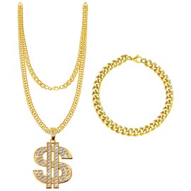 MADGININE 1 Pcs Dollar Sign Necklace, 1 Pcs Gold Bracelet, Money Chain Adjustable Gold Money Chain, Money Necklace,Gold Digger Accessoriesfor Rapper Accessories Role Play Carnival Party for Men Women