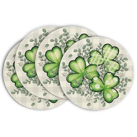 Artoid Mode Buffalo Plaid Shamrock Eucalyptus Round St. Patrick's Day Placemats Set of 4, 15 Inch Spring Round Table Mats for Dining Decoration