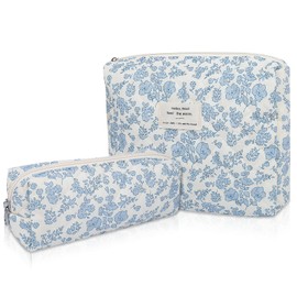 2PC Makeup Bag Set, Cute Cosmetic Bag for Women Girls, Floral Coquette Aesthetic Toiletry Bag, Travel Make Up Organizer Bag (Blue Floral)