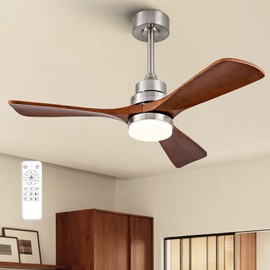 FXZZ 42 Inch Ceiling Fan with Lights, Remote Control, Dimmable, Solid Wood Blades, Power-Off Memory, Quiet DC Motor, Modern Brushed Nickel Ceiling Fan for Farmhouse Living Room Bedroom Patio Outdoor