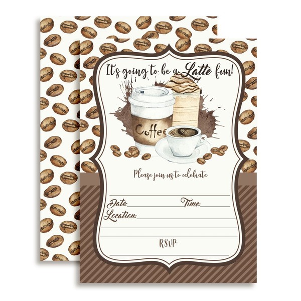 Watercolor Coffee Latte Fun Birthday Party Invitations, 20 5"x7" Fill In Cards with Twenty White Envelopes by AmandaCreation