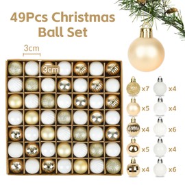 Set of 49 Christmas Baubles White Gold 3 cm Plastic Christmas Tree Baubles Hooks Christmas Baubles Small for Christmas Tree Decorations, Christmas Decoration Baubles Pendant Mini Tree Decoration