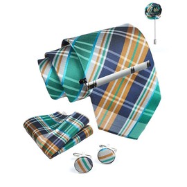 AXLON Green Checkered Ties For Men – Tie Set With Pocket Square Cufflinks Tie Clip Bar & Flower Brooch Pin For Mens (Pack of 5) (AXTS72)