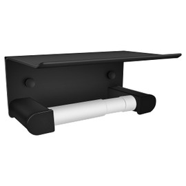 D&Joy Bathroom Toilet Paper Holder, Matte Black Adhesive or Screw Wall Mounted Tissue Holder with Shelf, Aluminum Toilet Roll Holder with Spring Loaded Roller for Bathroom Kitchen