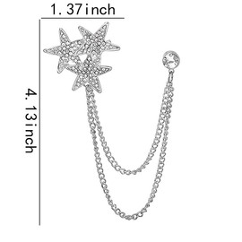 Silver Star Pin Brooch Rhinestone Suit Pin Accessories for Women Men Hanging Chain Collar Brooches Tie Pins Decorative Punk Y2K Star Jewelry Fashion Pins and Brooches for Clothes Hats Shirts