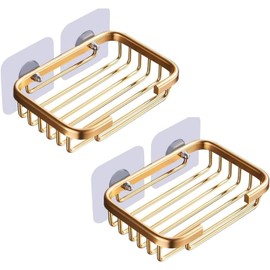 2Pcs Gold Soap Dish for Shower Creative Hanging Drain Rack, Self Adhesive Soap Dish Holder, Soap Dish Storage Rack, Damage Free Hanging Bathroom Drill Free Bathroom Accessories Soap Dishes