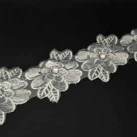 1 Yard Flower Lace Trim Flowers with Pearl Beads Embroidered Edge Trim Fabric Floral Appliques Lace Ribbon for Wedding Dress Clothes Decoration DIY Handmade Sewing Craft (Gray)