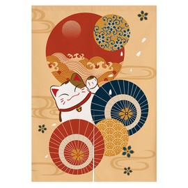 Japanese Noren Doorway Curtain Tapestry Maneki Neko Lucky Cat Door Curtain Ukiyoe Paper Parasol Room Divider Home Decoration, 29 x 35 inches