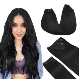 DOORES Clip in Hair Extensions Real Human Hair, Jet Black 150g 9pcs 16 Inch, Remy Hair Extensions Clip in Human Hair Hair Extensions Real Human Hair Straight Thick Extensions Human Hair Natural