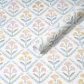 Dimoon 17.3''x78.7'' Peel and Stick Wallpaper Floral Boho Contact Paper Cute Vintage Village Wallpaper Farmhouse White Blue Renter Friendly Geometry Grid Waterproof Embossed Kitchen Bedroom Vinyl