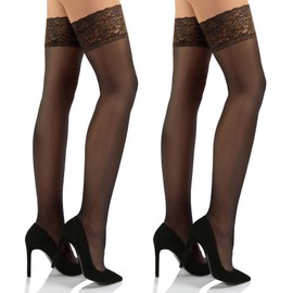 sesto senso 2 Pairs of Hold-Up Fine Stockings 20 Denier Stockings with Lace Women, 2 Pairs - Black