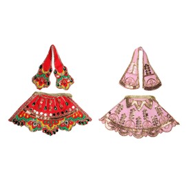 Set of 2 Laxmi Durga Devi MATA Dress Navratri poshak vastra Indian traditional Cloth lehanga Chunari Puja Item for Idol Statues for Indian Traditional Holi Festival Decoration(Size:-3")(Red,Yellow)