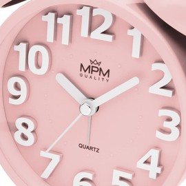 MPM Quality Design Metal Alarm Clock in Trendy Colours, Rose, 3D Dial, Quartz Movement Sweep, LED Light Function, Analogue, Classic Ringing, Wakes Even the Biggest Sleepers, 155 x 110 x 55 mm