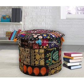 DK Homewares Ethnic Round Hassock Pouffe Black Patchwork Embroidered Cotton Furniture Puff Cover Decorative Ottoman Footrest Stool Seat Furniture | (18 x 18 x 13 Inches / 45 cm) Cover Only