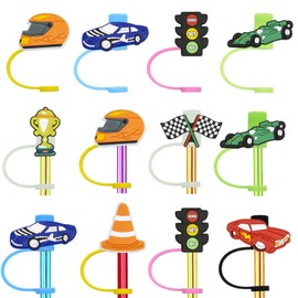 16pcs Championship Car Themed Reusable Food Grade Silicone Straw Sleeve Caps, Suitable for Party Favor Bags, Birthday Party,Championship Car Party Favor, Dustproof Soft Straw Covers for 7-8mm Straws
