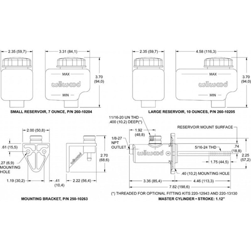 Wilwood Master Cylinder Kit Short Remote 1-1/8 Inches Bore