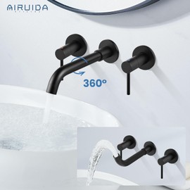 Airuida Solid Brass Widespread Wall Mount Bathroom Faucet with 360 Swivel Spout Wall Mounted Lavatory Faucet Vanity Sink Mixer Tap with Rough in Valve and Double Level Handles Matte Black