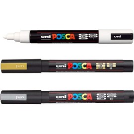 Posca PC-5M Paint Marker Art Pens - 1.8-2.5mm Nib - White, Silver & Gold Ink - Pack of 3