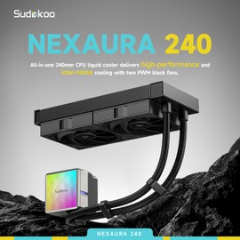 Sudokoo NEXAURA 240 Liquid CPU Cooler: 240mm AIO CPU Cooler with PWM Pump & ARGB Pump Head - Water Cooling with FDB Fans for Intel LGA 1851/1700/1200/115X AMD AM5/AM4 - Black