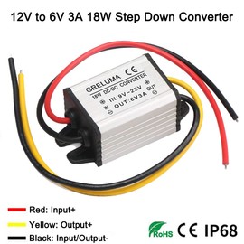 Greluma DC 12 V to 6 V Step-Down Converter Regulator 3 A 18 W Power Supply Reducer for Car Electronics Truck Vehicle Boat Solar System (DC 9-22 V Inputs, CE Certified)