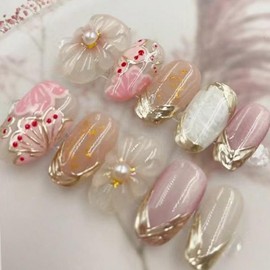 Press on Nails Almond Golden French Tips Nails Thick Acrylic and Muti-Layer Gel Fake Nails Handmade Acrylic Nails with Sweet Flower Pearl Design Full Cover Short Stick on Nails Nail Kits for Women (S)