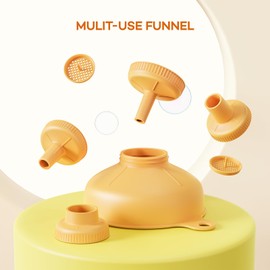 Pisol Wide Mouth Versatile Funnel, Canning Funnels for Kitchen Use, Food Grade Plastic Cooking Funnel Set with 4 Size Spouts and 2 Strainers for Filling Different Bottles and Bags, Orange