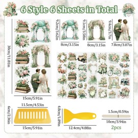 WANDIC 6 Sheets Rub On Transfer Sticker, Wedding Theme Transfer Decals European Wedding Dress Wreath DIY Scrapbook Stickers for Furniture Windows Craft,12 * 6in