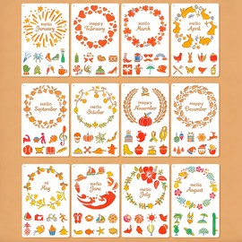 12 Pcs Journal Stencils for Painting Reusable Plastic 5.1×7.9 Inch December Month Creativity Stencils Drawing Templates for Crafts DIY Wall Canvas Notebook Knit Card Wood